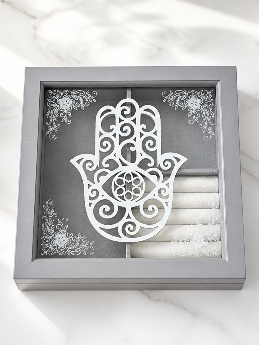 Gray and White Hamsa Hand jewelry box.